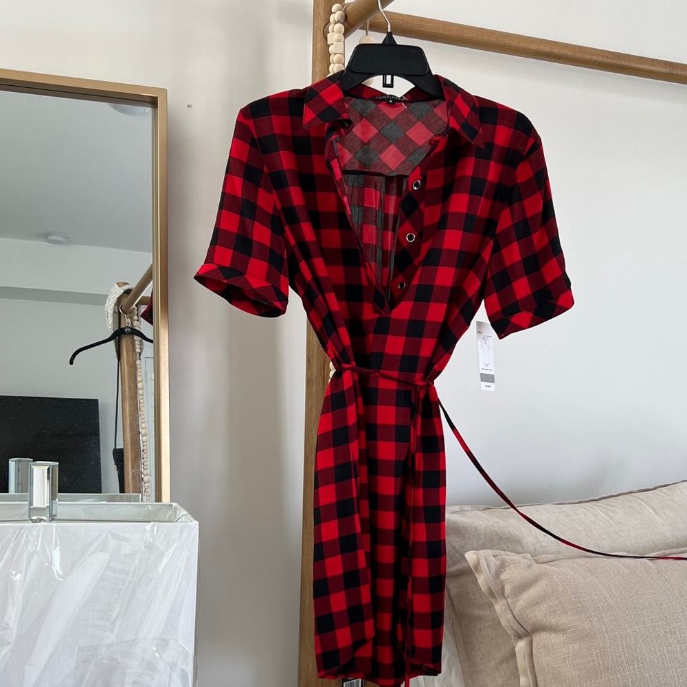 Stylish Red and Black Plaid Women's Button Down ShirtDress